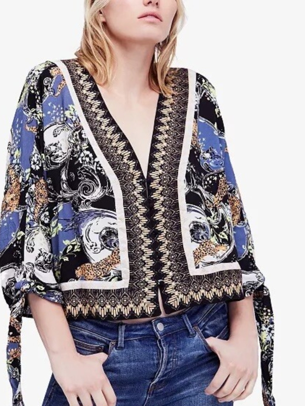 Free People Blue and Black Printed V-Neck Tie-Sleeve Blouse